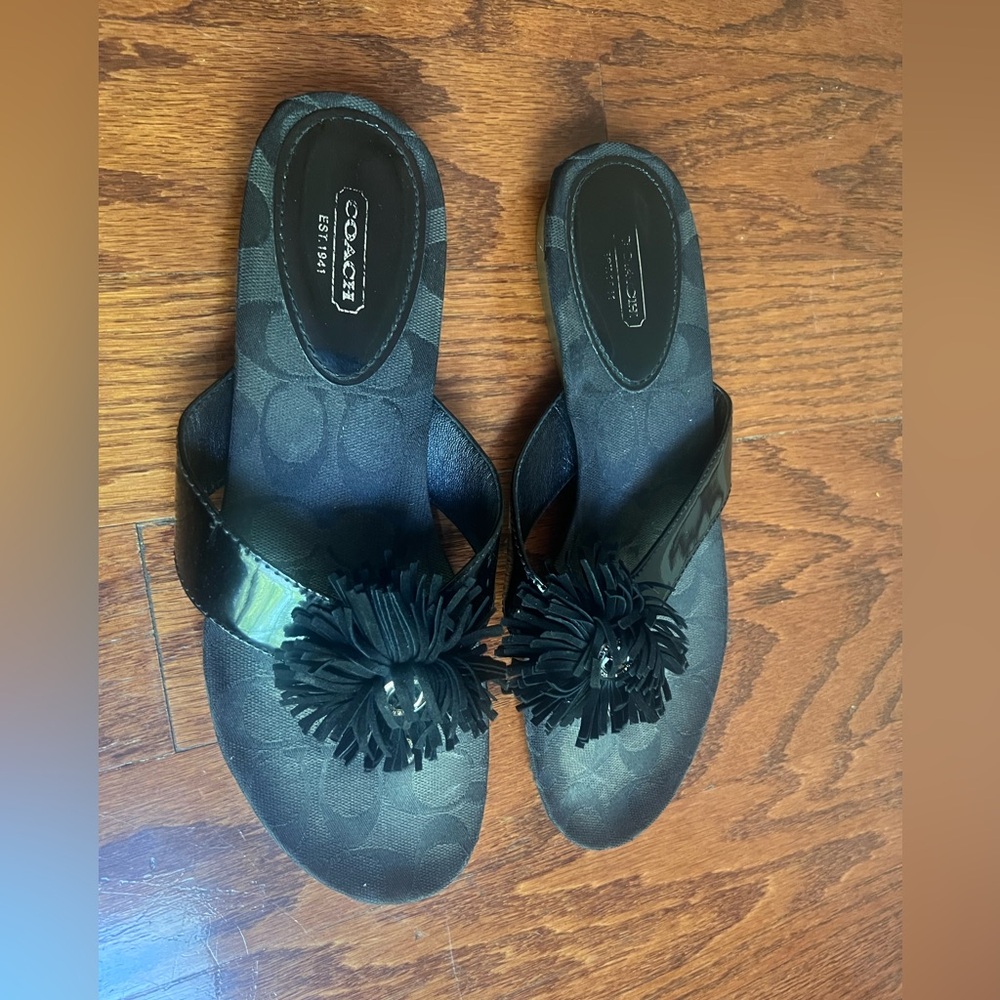 Coach Black Logo Flip Sandals with Tassel Pom Detail - Picture 1 of 5